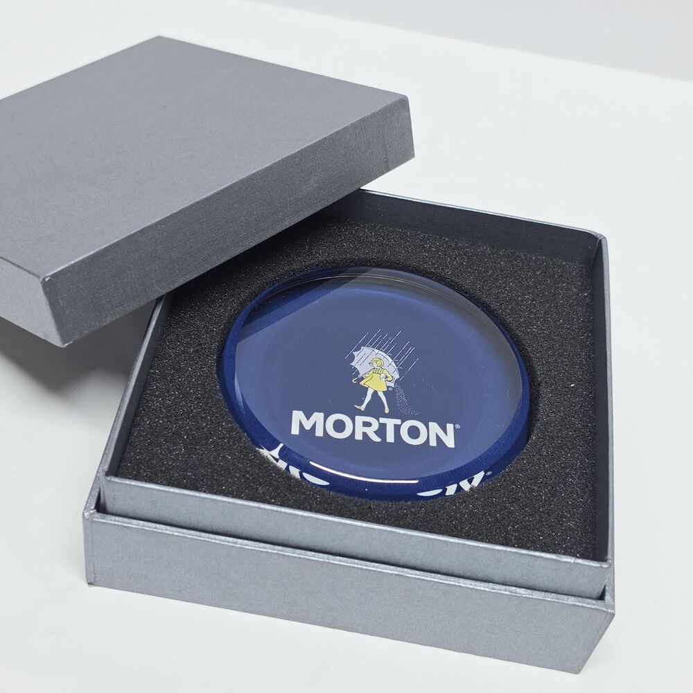 Morton Salt Blue Round Glass Paperweight In Box Y2K Advertisement